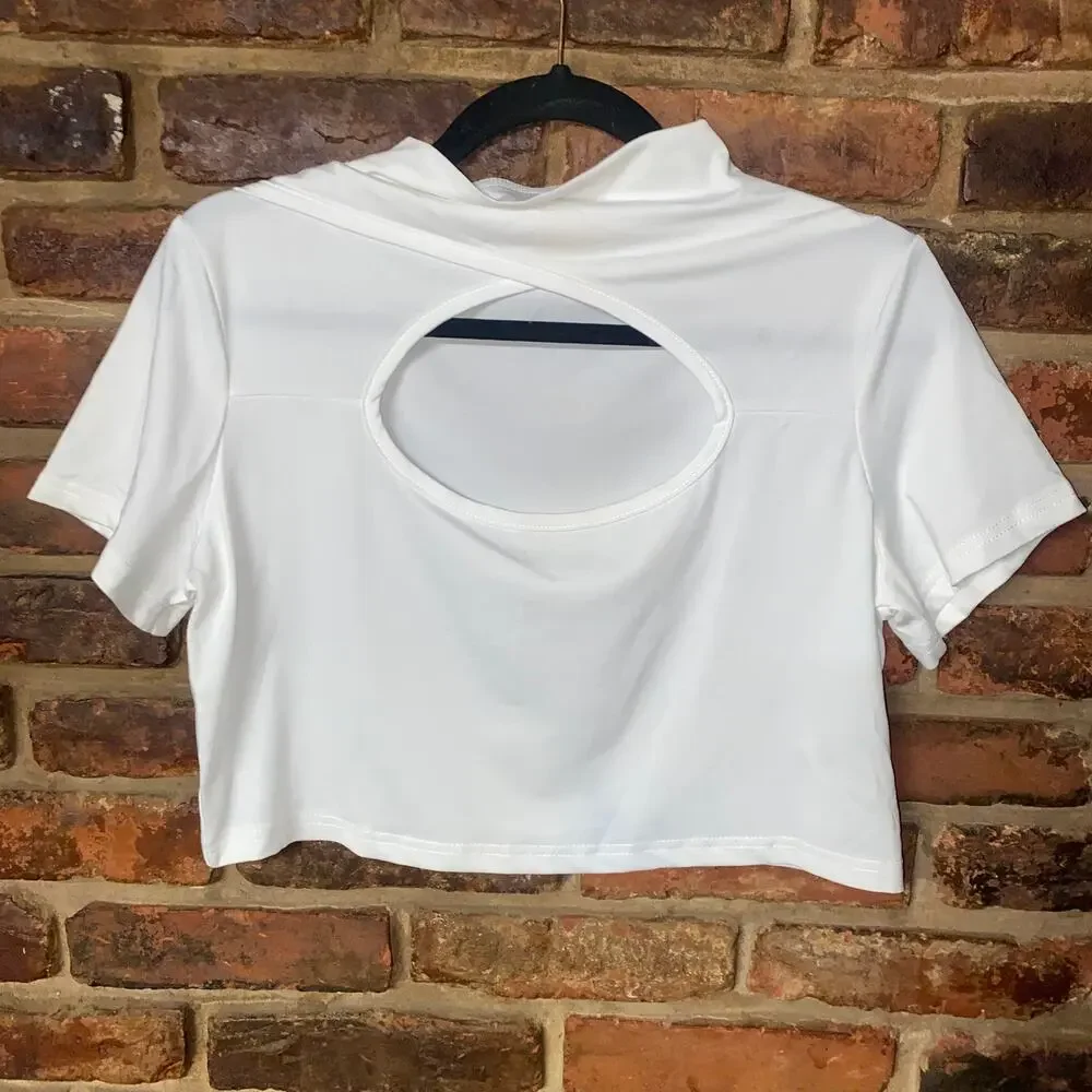 Blush Mark White Short Sleeve Keyhole Open Bust Crop Top Women's Size 0X